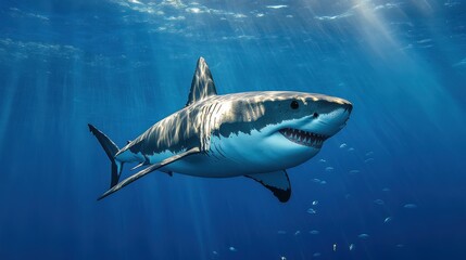 Naklejka premium A majestic great white shark gracefully glides through sunlit ocean depths