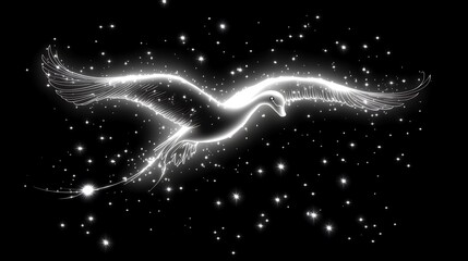 A glowing bird flying through a starry black cosmos environment
