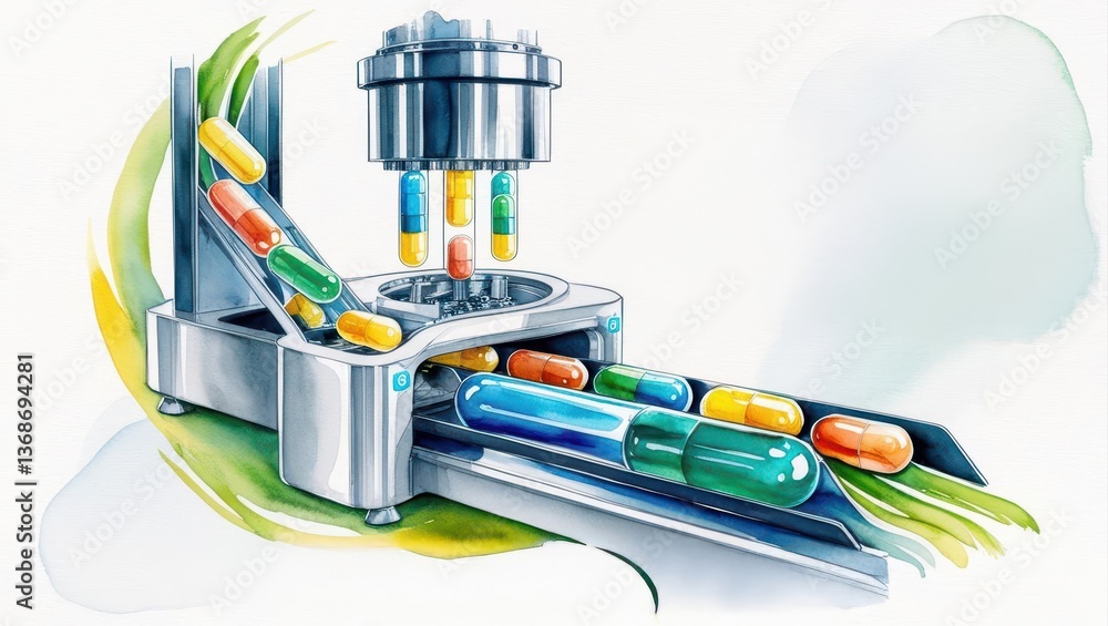 Poster a colorful capsule filling machine is depicted, showcasing the process of encapsulating various colo