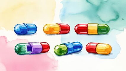 Colorful capsules arranged on a soft watercolor background, showcasing various shapes and sizes in a vibrant and artistic manner.