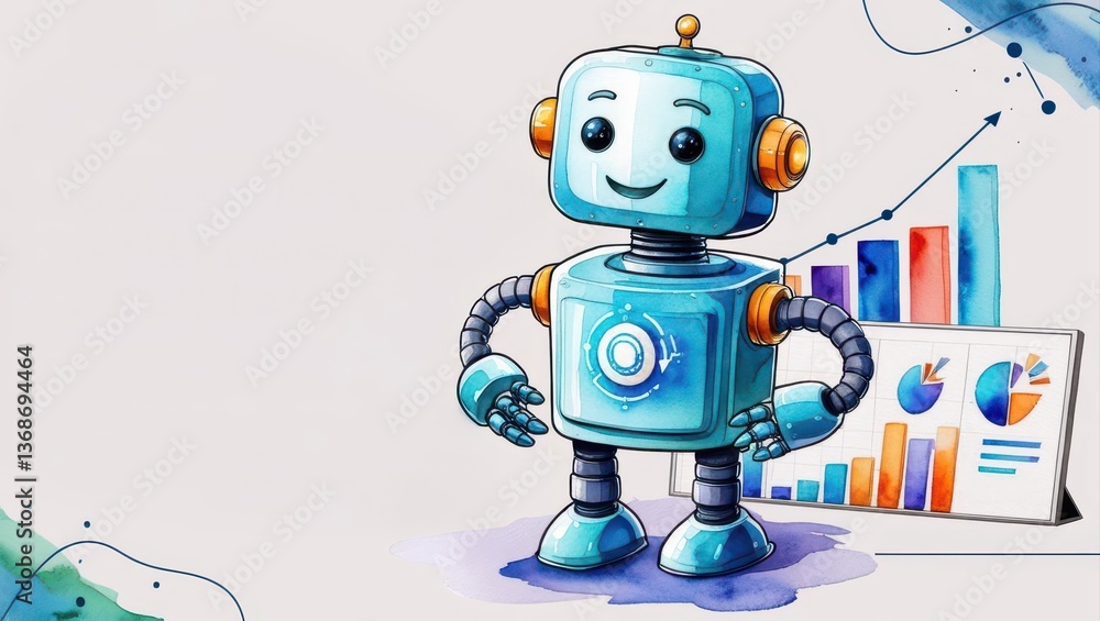 Poster a cheerful cartoon robot stands beside colorful graphs and charts, symbolizing technology and data a