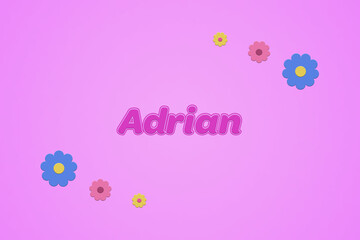 Adrian female girl name illustration in pink with blossoms, flowers