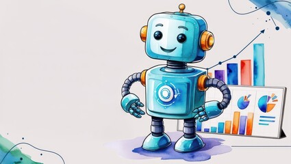Naklejka premium A cheerful cartoon robot stands beside colorful graphs and charts, symbolizing technology and data analysis in a vibrant, artistic style.