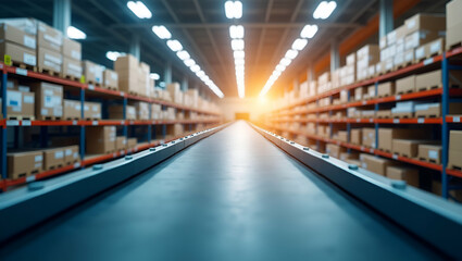 Photo realistic as Conveyor belt and a stock flow report symbolizing inventory flow in double exposure with copy space. concept as A conveyor belt blended with a stock flow report representing invento