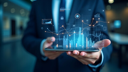 Fototapeta premium 3D Flat Icon: Overhead Business View with Data Analytics & Tech Overlay