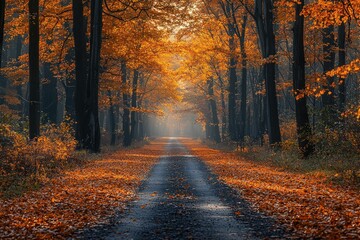 Obraz premium Autumnal path through sunlit golden forest.