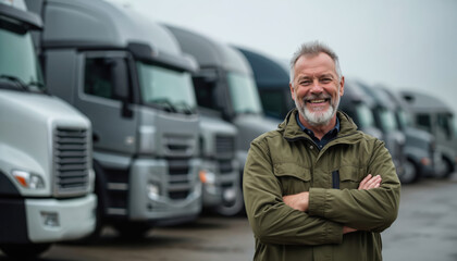 Smiling senior truck fleet owner stands proudly, arms crossed, in front of trucks. Successful transport business entrepreneurship. Mature man representing logistic company, pro commercial vehicle