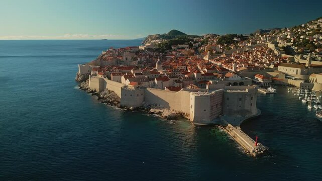 Gorgeous fort Lovrijenac and Dubrovnik town on calm sea coast camera moving around. Travelling to neat medieval city with port protected by fortress in Croatia aerial panorama