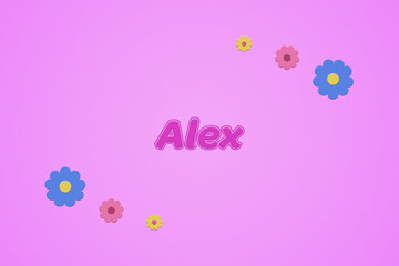 Alex female girl name illustration in pink with blossoms, flowers