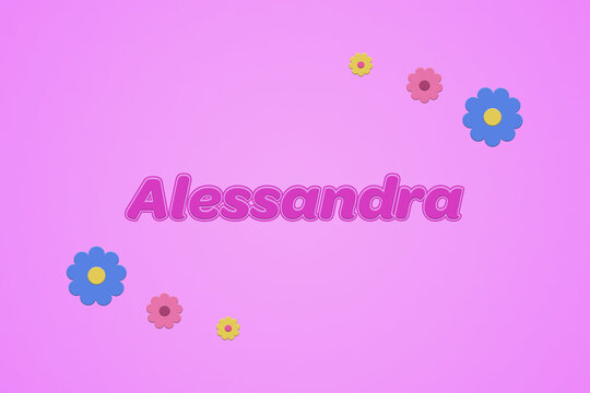 Alessandra female girl name illustration in pink with blossoms, flowers