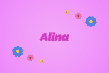 Alina female girl name illustration in pink with blossoms, flowers