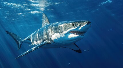 Fototapeta premium Majestic great white shark gracefully gliding through sunlit ocean depths