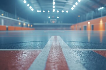 Wide shot of a basketball court, blurred in the distance of a grand sports arena