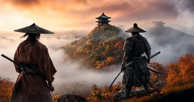 Warrior's Watch: Two samurai warriors stand vigilant, overlooking a traditional pagoda nestled atop a mountain, as the golden hues of dawn paint the sky in this evocative illustration.