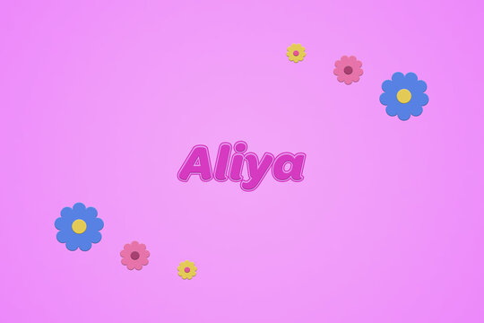 Aliya female girl name illustration in pink with blossoms, flowers
