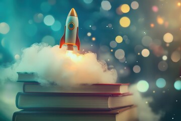 Colorful abstract design with a toy rocket emerging from books, surrounded by soft bokeh light