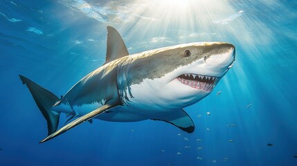 Fototapeta premium Majestic great white shark gracefully gliding through sunlit ocean depths