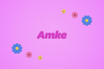 Amke female girl name illustration in pink with blossoms, flowers