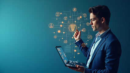 3D Flat Icon: Overhead View of a CEO with Digital Icons & Data Analytics - Symbolizing Data-Driven Leadership in Double Exposure with Copy Space on Isolated White Background