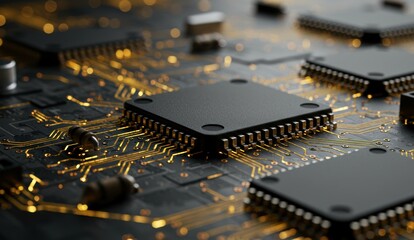 Close-up of computer chips and circuit boards highlighting modern technology and innovation.