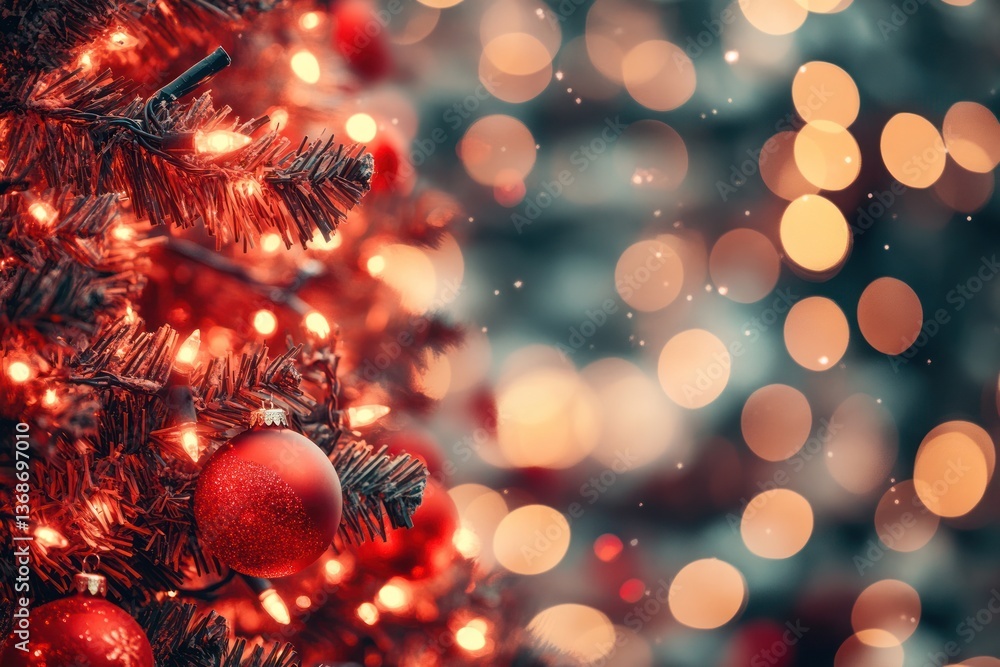Poster a red vintage-style background illuminated with bokeh lights that sparkle with a soft, glittery glow