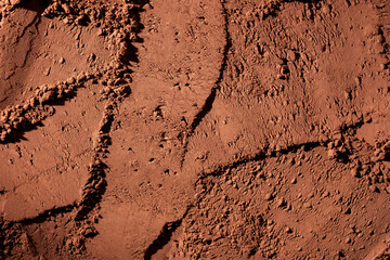Natural dark brown cocoa powder textured background, closeup, top view