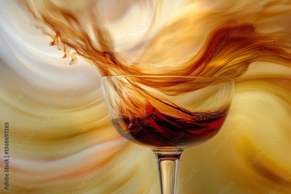 Poster a rich, deep red wine cascading into an elegant wine glass, with the liquid creating a smooth, swirl