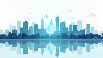 Naklejka premium 3d Flat icon as Top view of a city with water management symbols overlay symbolizing urban water solutions in double exposure with copy space. concept as A top view of a city blended with water manage