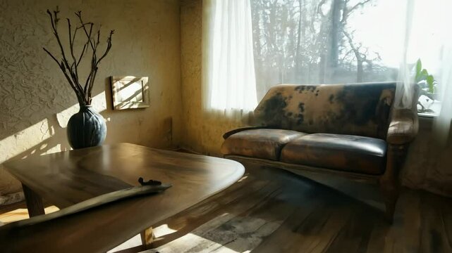 Camera slowly zooms in on a serene wabi-sabi living room with soft daylight, minimal weathered furniture, organic textures. Concept of tranquil imperfect beauty