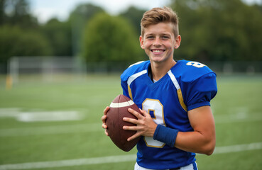 Smiling teenage football player holding ball, looking at camera. Young american sportsman in blue team uniform on green field. Happy boy, sport, game, outdoors, leisure.