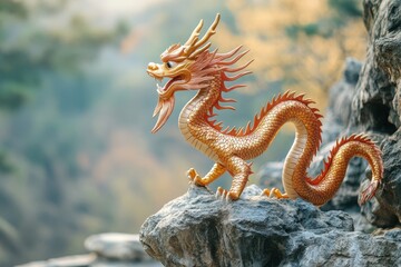 Fototapeta premium Dragon standing proudly on a rock, symbolizing strength and fortune for the Chinese New Year