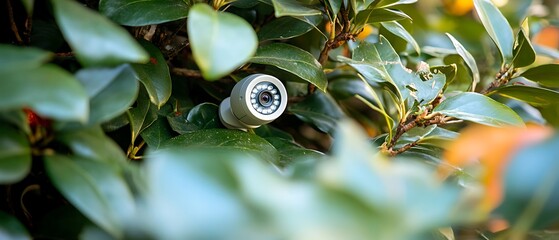 Hidden security camera lens in green foliage.