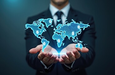 Businessman holding digital world map currency signs. Forex trading investment finance, global economy concept. Money transfer, international business, financial technology, cryptocurrency exchange.