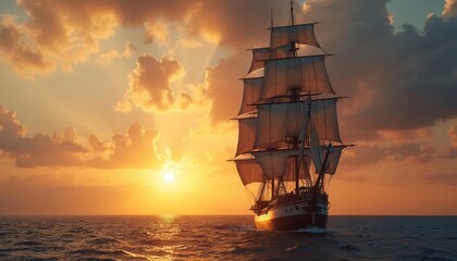 Fototapeta premium Tall ship sailing on ocean at sunset. Vessel with backlit sails, golden hour. Romantic seascape, adventure travel, voyage. Nautical themes, exploration, historic trade, vacation, freedom.