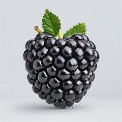 Single fresh blackberry with green leaves isolated on light background. Macro studio photography. Fruit and nutrition concept. Design for poster, banner, print, sticker, greeting card

