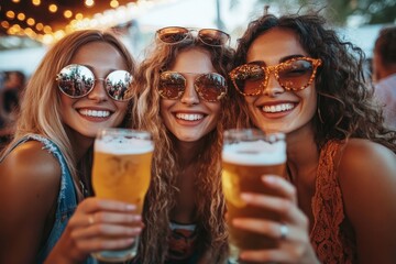 Female friends cheering with beer at music festival