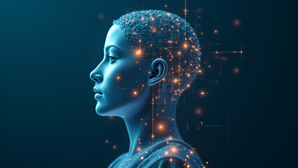 3d Flat icon as Overhead view of a leader with tech circuits and innovation symbols overlay symbolizing digital leadership in double exposure with copy space. concept as An overhead view of a leader b