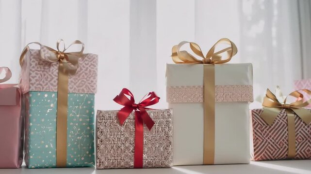 Camera pans across a row of gifts wrapped in delicate floral paper with soft, muted tones, each topped with a matching ribbon in complementary colors. Concept of elegant festive presentation