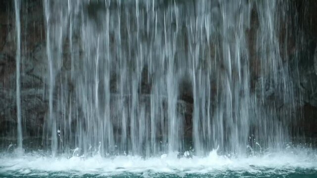 A waterfall flows fast into the pool