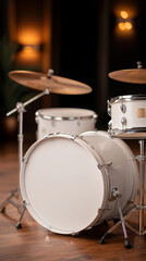 Obraz premium White Drum Kit on Wooden Floor with Warm Lighting