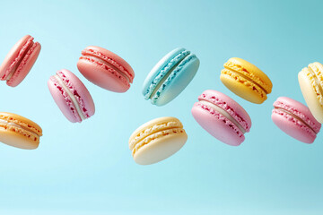 Colourful macaron flying in mid air captured.