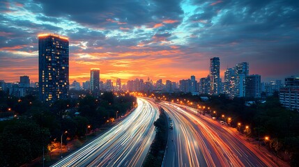 Fototapeta premium City highway sunset, vibrant sky, traffic streaks