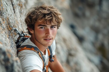 Looking towards the destination. a handsome young man scaling a mountain