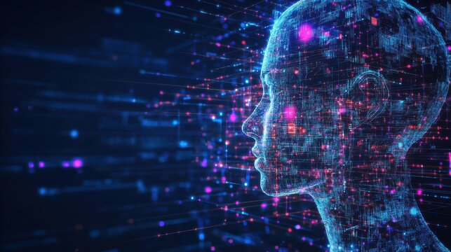 Futuristic AI Head Digital Human, Data Network, Technology Concept, Abstract 3D Render