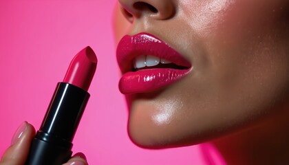 Obraz premium Close-up of woman applying bright pink lipstick on lips. Makeup product on pink background. Focus on glossy lips. Sensual portrait of beautiful female. Vibrant colors, fashion, beauty concept.