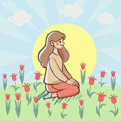 Woman sitting in blooming tulips field. Vector sunrise on meadow background 