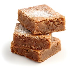Stack of three blondie brownies sprinkled with powdered sugar. Studio food photography. Homemade dessert and baking concept. Design for poster, banner, print, greeting card. Front view

