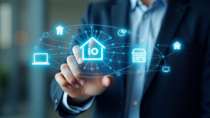 Fototapeta premium 3D Flat Icon: Person Engaging with Smart Home IoT Interface - Double Exposure