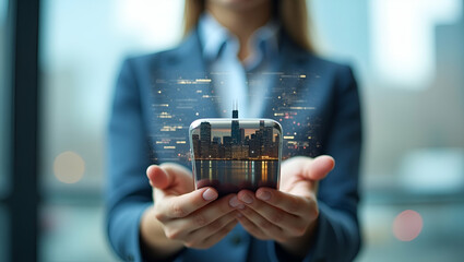 Photo Realistic Double Exposure: Person with Chicago Skyline, Smartphone, and Newspaper Symbolizing City Hustle - Ideal for Stock Photography with Copy Space
