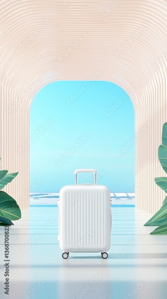 Poster white suitcase in minimalist archway leading to ocean view